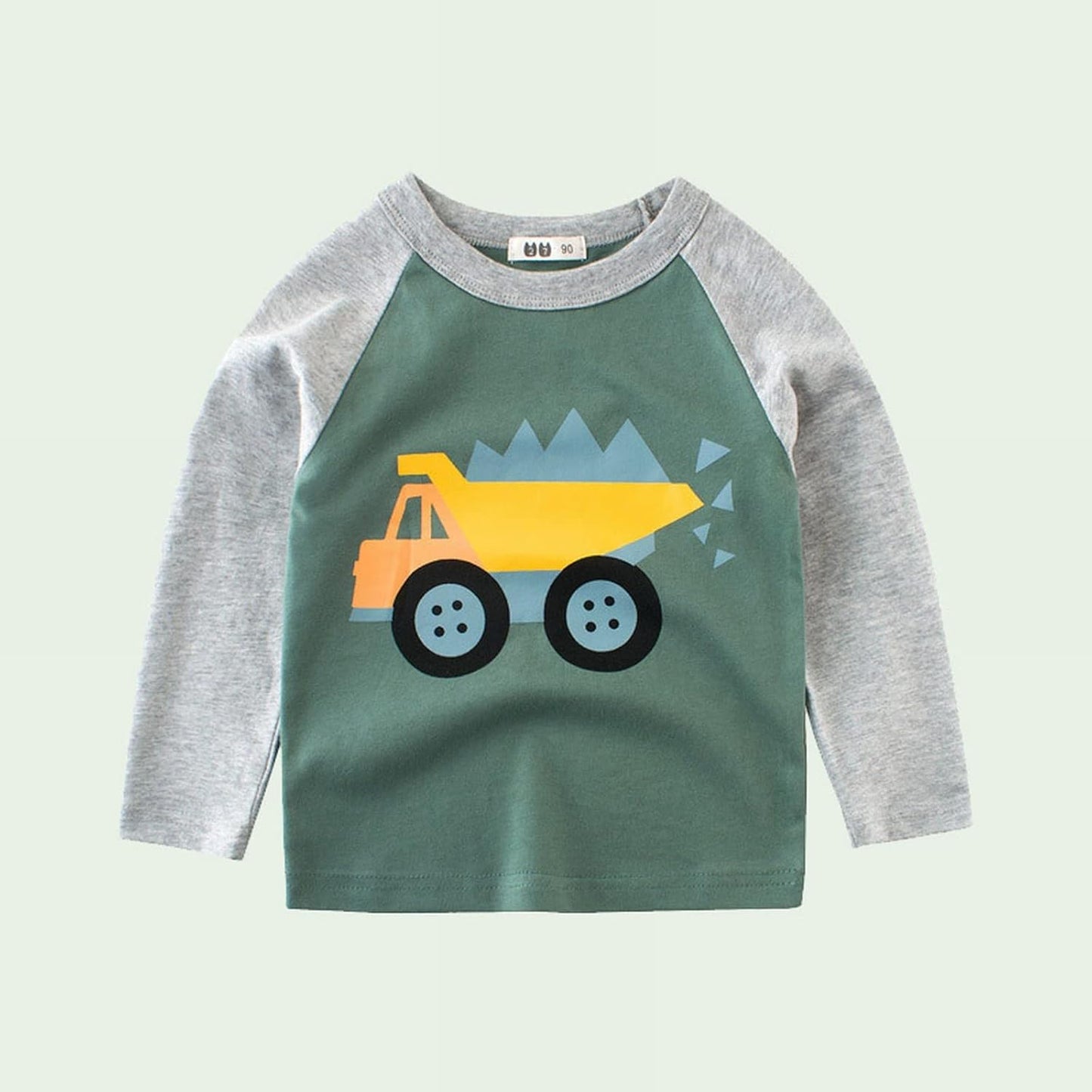 Little Child Clothes Set for Spring Summer Boys Shoulder Patchwork Long Sleeve Tops Cartoon Big Truck Long T (Green, 90)