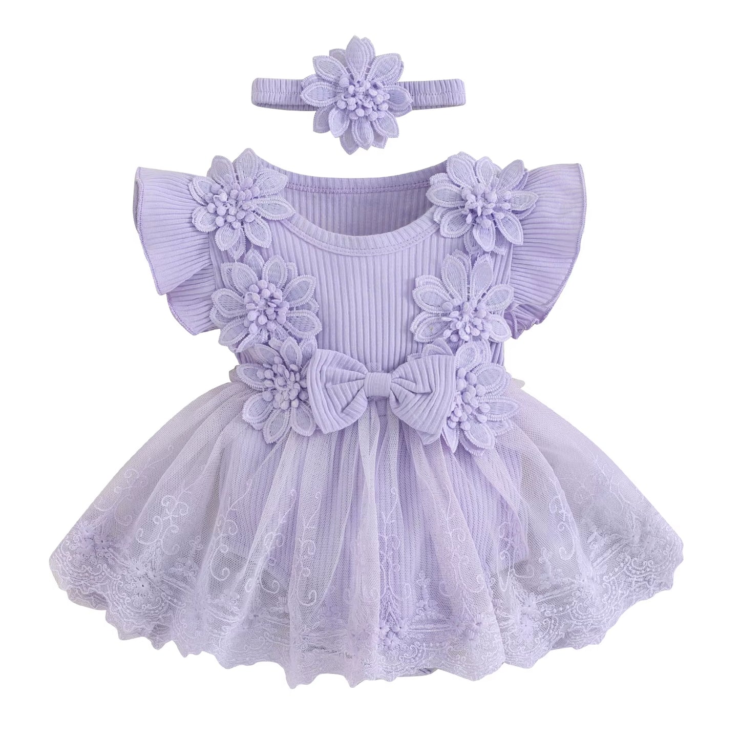 Baby Girl 2 Piece Outfits Mesh Lace Patchwork Ruffle Romper Dress and Headband Cute Fashion Summer Clothes