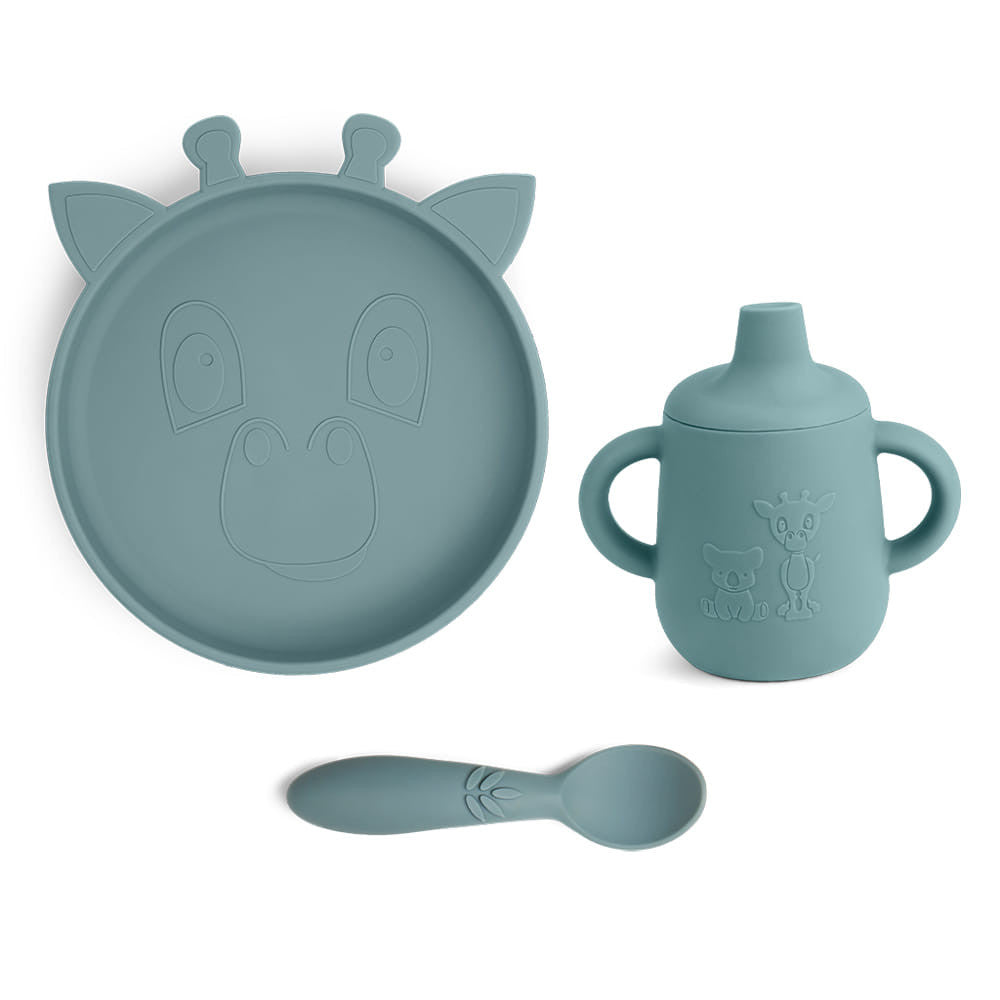 NUUROO Premium Silicone 3-Piece Set with Sippy Cup - Sky Blue Giraffe Collection