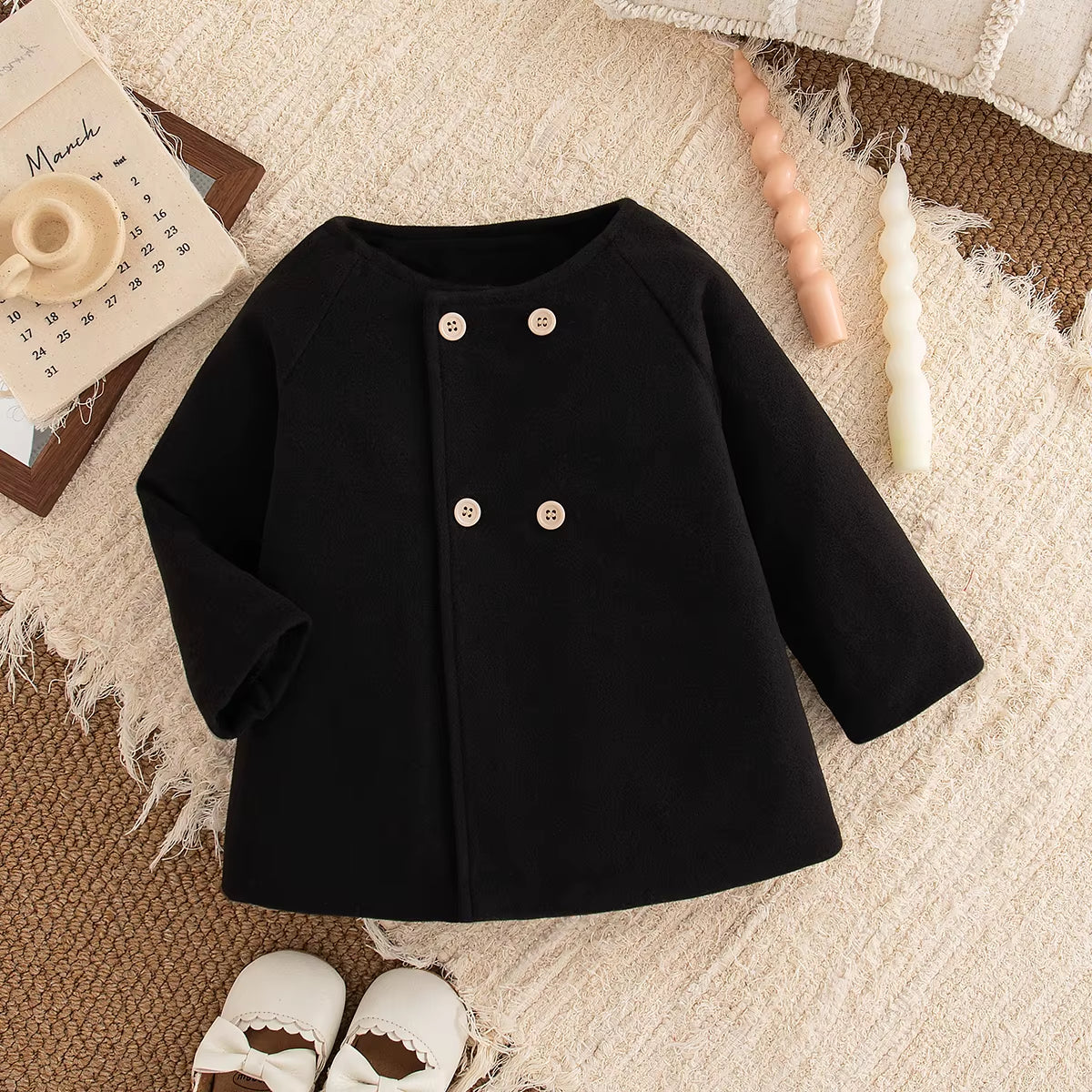 Baby Girl Coat Autumn and Winter Solid Color round Neck Woolen Girl Outerwear Simple Long Sleeved Baby Tops Baby Girl Clothes 