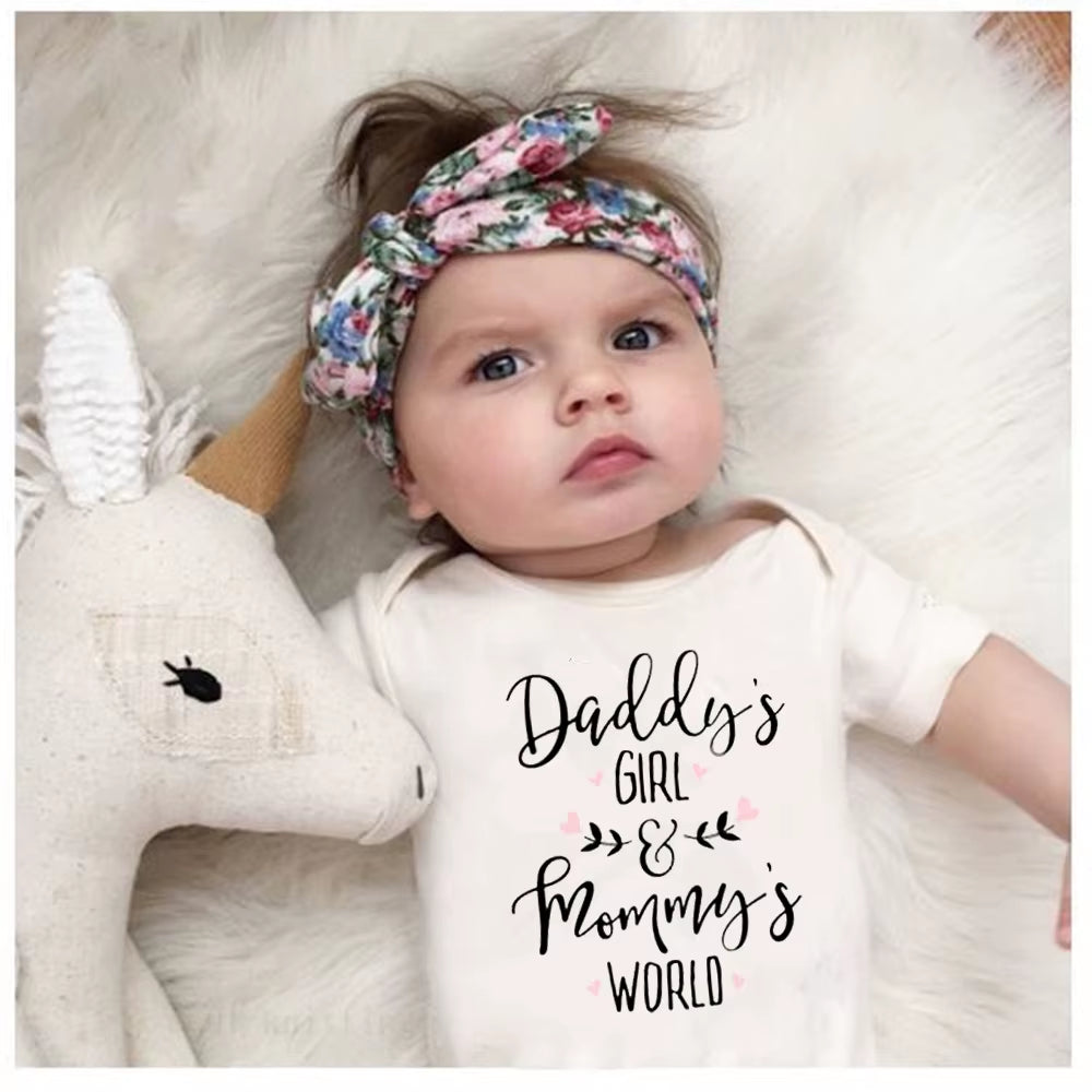 Daddy'S Girl Mommy'S World Baby Girl Clothes White Cotton Newborn Bodysuit Cute Short Sleeve Baby Body Suit Baby Girl Clothes