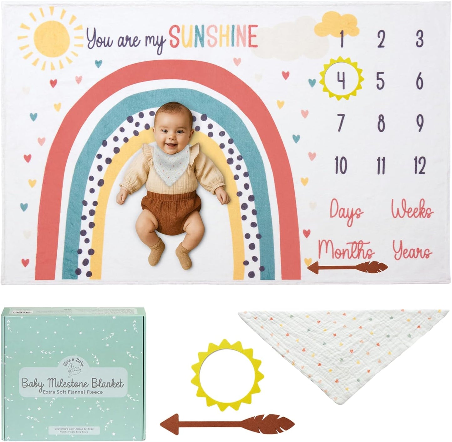Monthly Milestone Blanket for Baby Girl - 60"X40" - Wrinkle Free Newborn Age Month Blanket with Growth Chart - Washable & Dryable - W/Frames & Cotton Bib - Boho Theme
