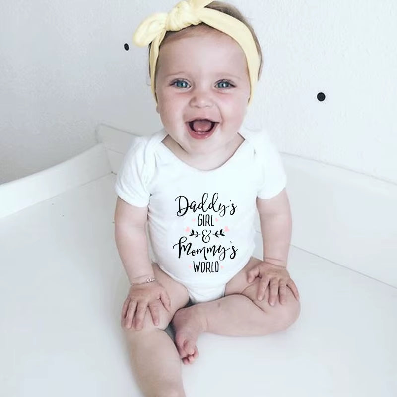 Daddy'S Girl Mommy'S World Baby Girl Clothes White Cotton Newborn Bodysuit Cute Short Sleeve Baby Body Suit Baby Girl Clothes