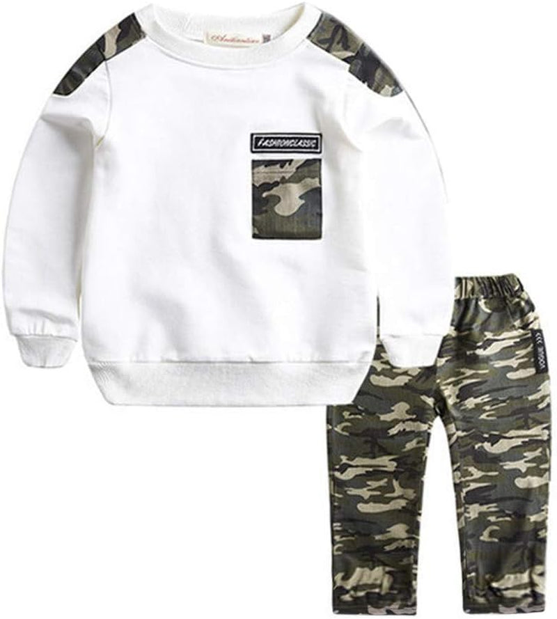 Clothing Sets for Boys 2PCS Kids Letter Tops Set Teen Camouflage Pants Outfits Boys Baby Tracksuit (White, 7-9 Years)