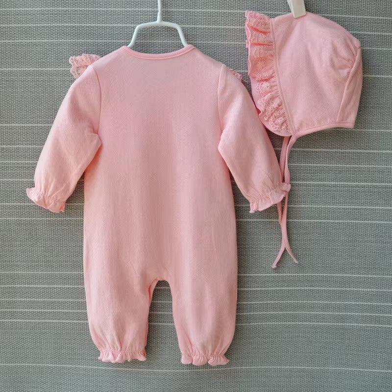 Princess Cotton Newborn Baby Girl Clothes Lace Bow Jumpsuit Spring Autumn Infant Girls Clothing Sets Bodysuit+ Hats