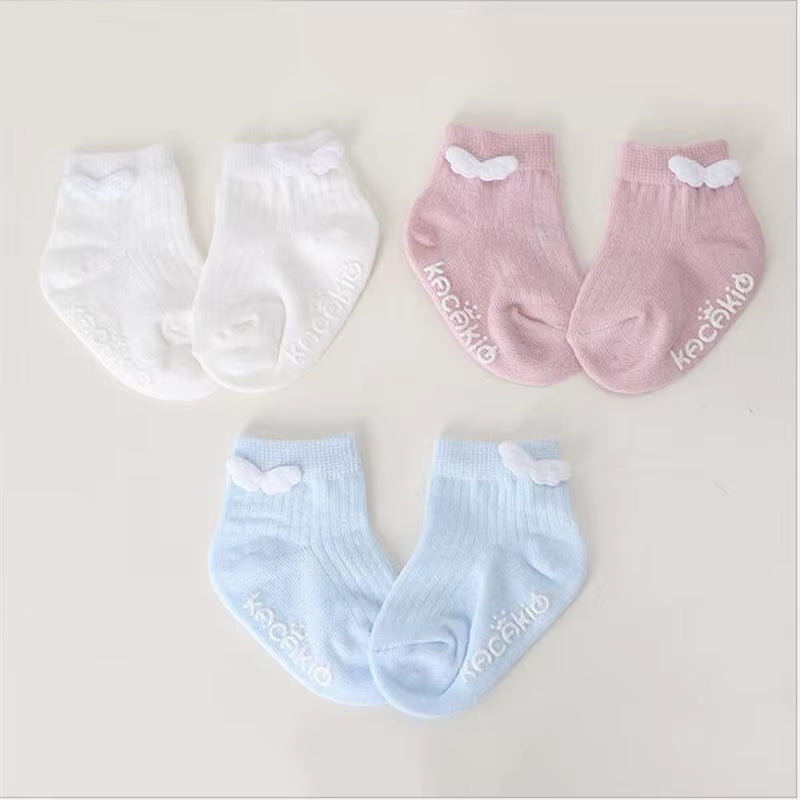 Cute Baby Socks Cotton Non Slip Baby Angel Wing Socks Little Boys Girls Kids Princess Crew Socks White Pink Blue Birthday Funny