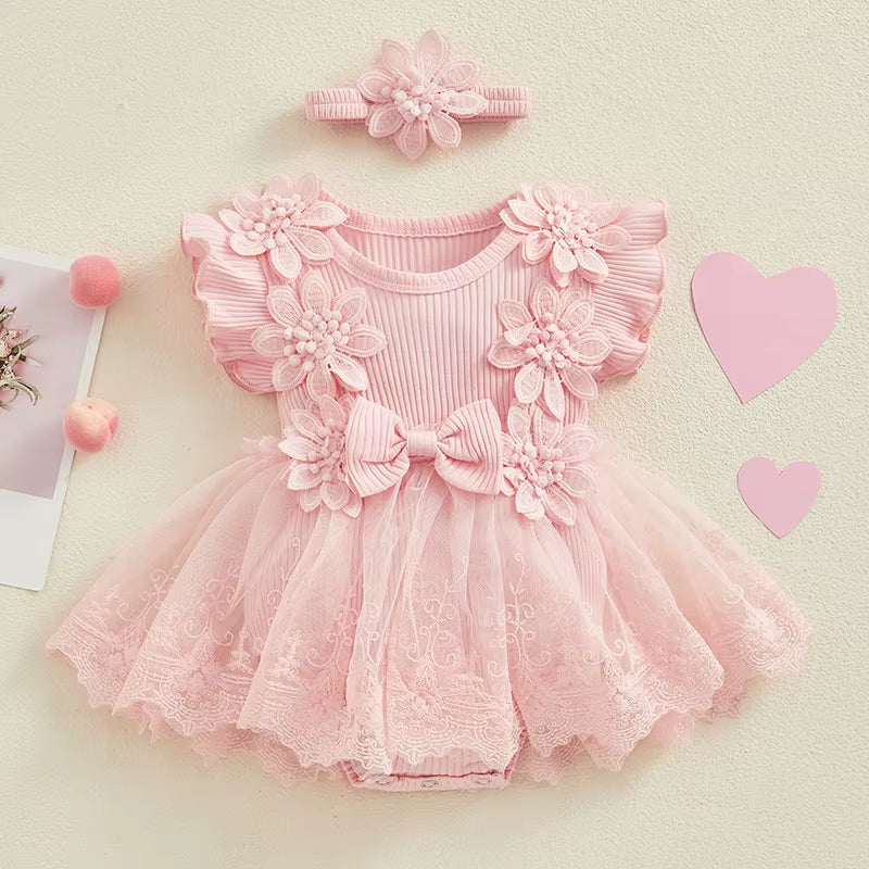 Newborn Baby Girls Rompers Dress Mesh Baby Girl Clothes Lace Patchwork Ruffle Jumpsuits 2Pc Outfits Sunsuit Baby Clothing