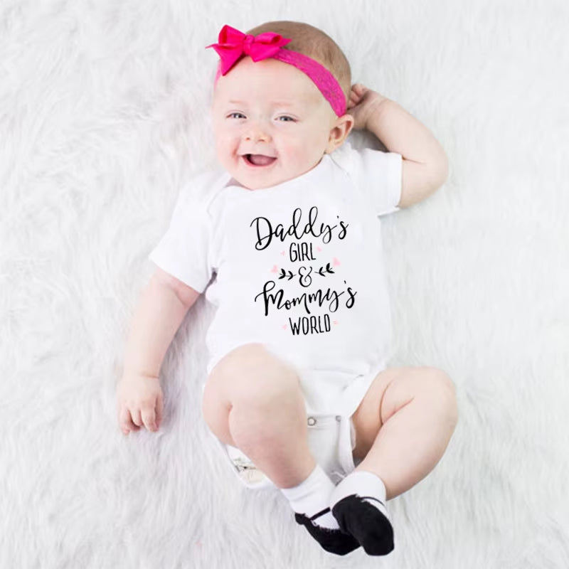 Daddy'S Girl Mommy'S World Baby Girl Clothes White Cotton Newborn Bodysuit Cute Short Sleeve Baby Body Suit Baby Girl Clothes