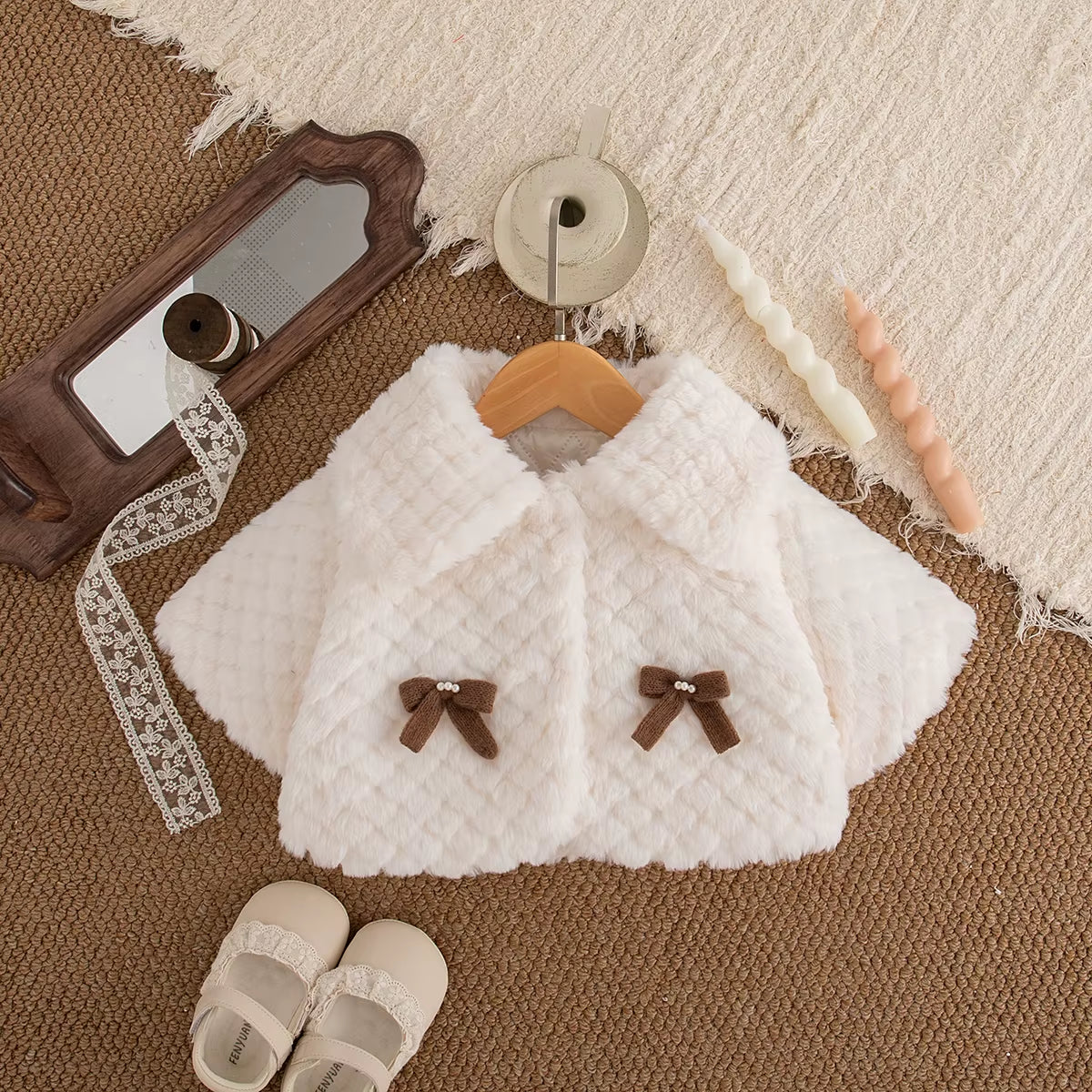 Baby Girl Coat Fall/Winter Solid-Color Shearling Girl'S Coat Cape Bow-Tie Adorable Baby Outerwear Baby Girl Clothes