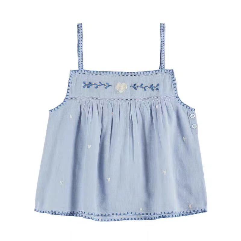 Printed Kids Pleated Blouse Top Shorts Set 2025 Summer EM Brand Embroidery Girl Princess Dress Denim Overalls Pant Children Set