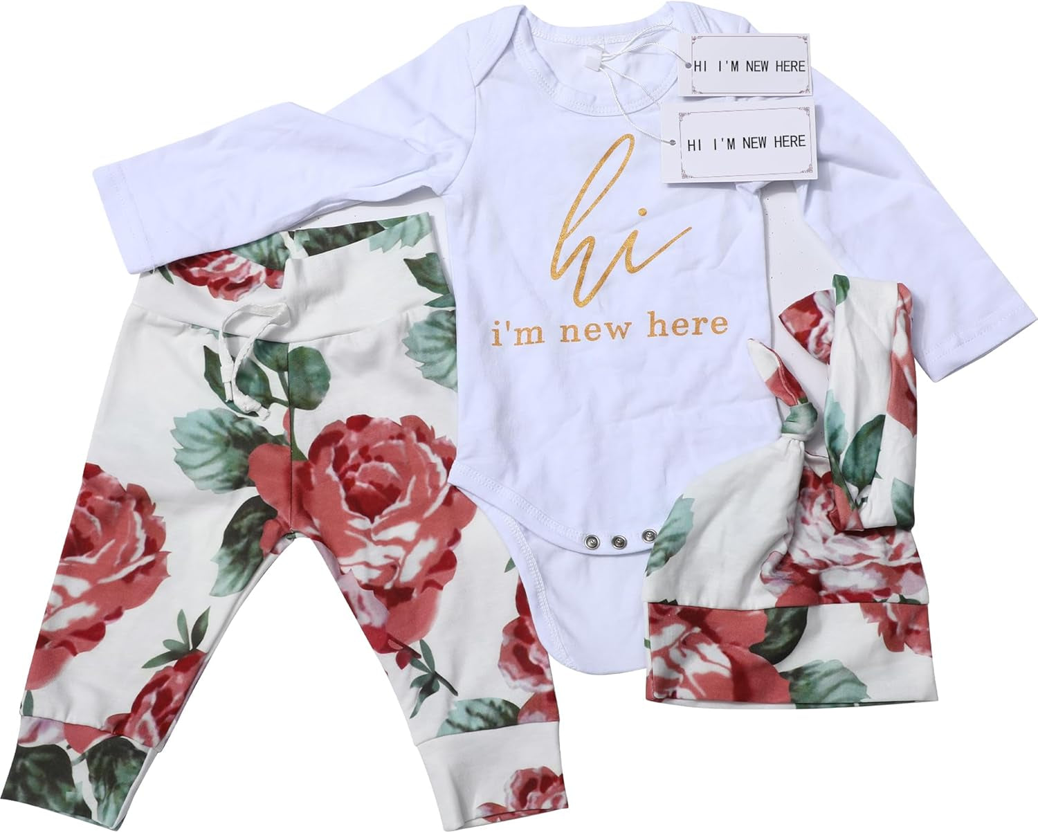 Newborn Baby Girl Clothes Hi I'M New Here Newborn Outfit Infant Romper Floral Pants Cute Baby Girl Outfits 4PC Set