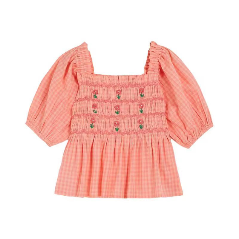 Printed Kids Pleated Blouse Top Shorts Set 2025 Summer EM Brand Embroidery Girl Princess Dress Denim Overalls Pant Children Set