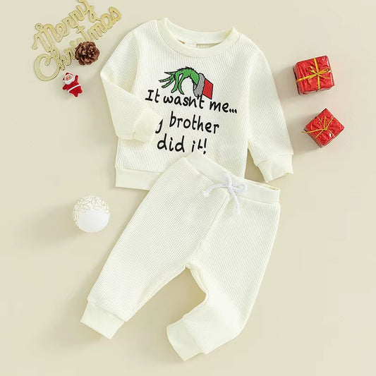 Baby Girl Boy Christmas Outfit Letter Monster Hand Pattern Long Sleeve Waffle Sweatshirts Long Pants 2Pcs Fall Clothes Set
