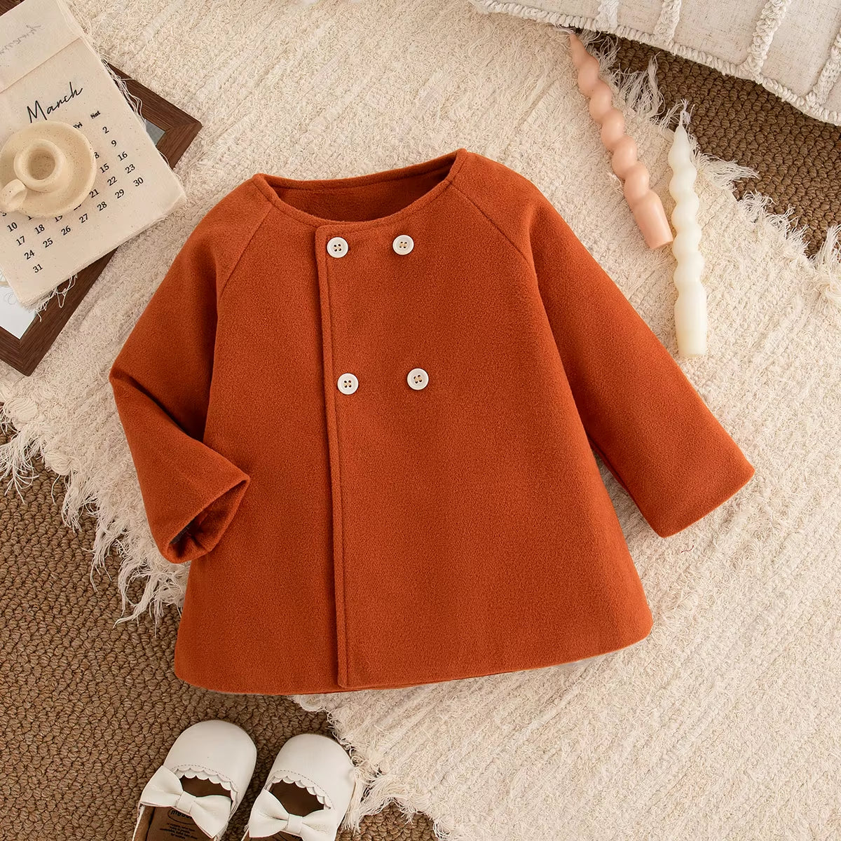Baby Girl Coat Autumn and Winter Solid Color round Neck Woolen Girl Outerwear Simple Long Sleeved Baby Tops Baby Girl Clothes ﻿