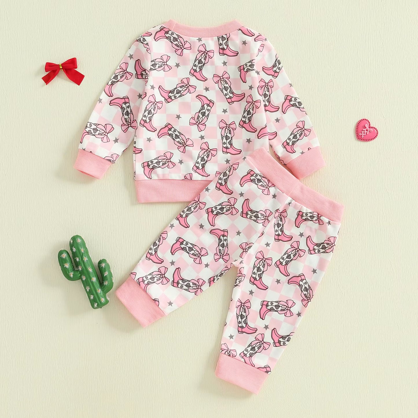 2025-05-23  Toddler Girls Western Outfits Boot Plaid Print Long Sleeve Sweatshirt and Elastic Pants Set Baby Clothes