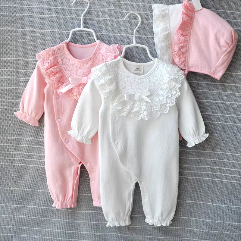 Princess Cotton Newborn Baby Girl Clothes Lace Bow Jumpsuit Spring Autumn Infant Girls Clothing Sets Bodysuit+ Hats