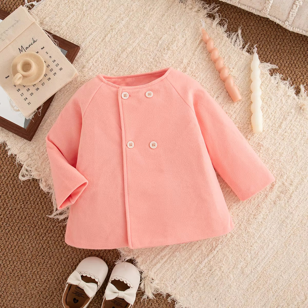 Baby Girl Coat Autumn and Winter Solid Color round Neck Woolen Girl Outerwear Simple Long Sleeved Baby Tops Baby Girl Clothes ﻿