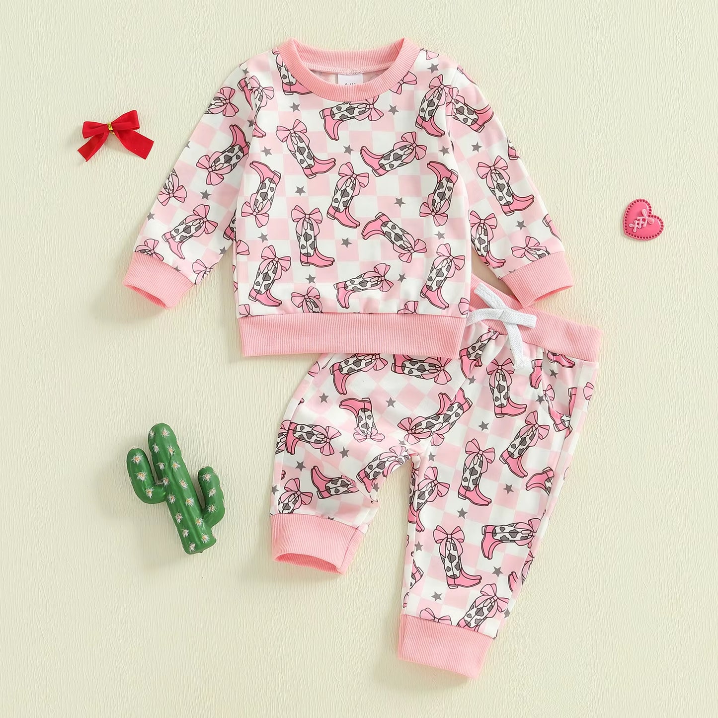2025-05-23  Toddler Girls Western Outfits Boot Plaid Print Long Sleeve Sweatshirt and Elastic Pants Set Baby Clothes