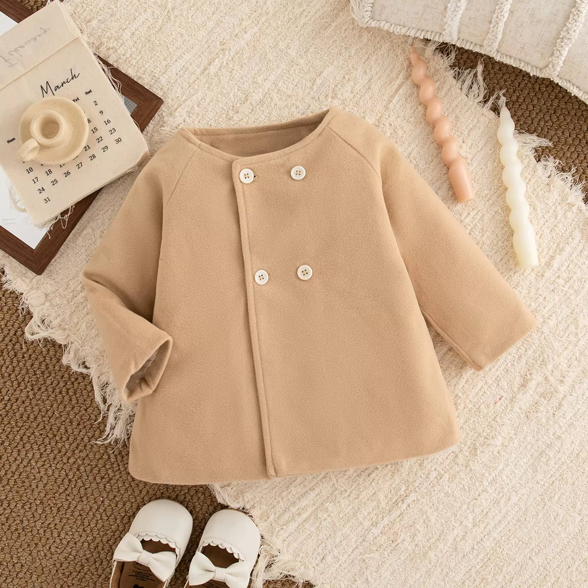 Baby Girl Coat Autumn and Winter Solid Color round Neck Woolen Girl Outerwear Simple Long Sleeved Baby Tops Baby Girl Clothes ﻿