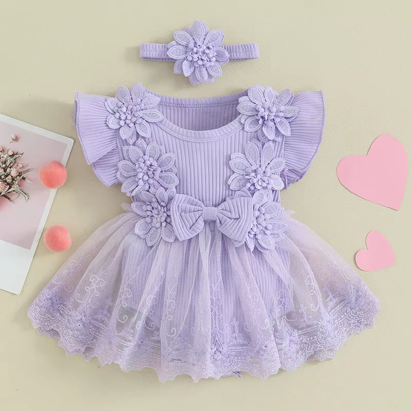 Newborn Baby Girls Rompers Dress Mesh Baby Girl Clothes Lace Patchwork Ruffle Jumpsuits 2Pc Outfits Sunsuit Baby Clothing