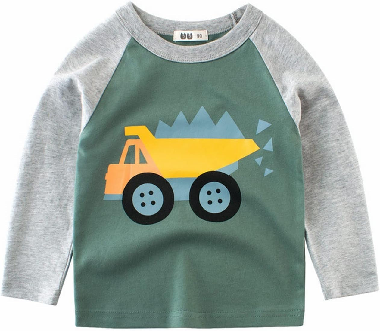 Little Child Clothes Set for Spring Summer Boys Shoulder Patchwork Long Sleeve Tops Cartoon Big Truck Long T (Green, 90)