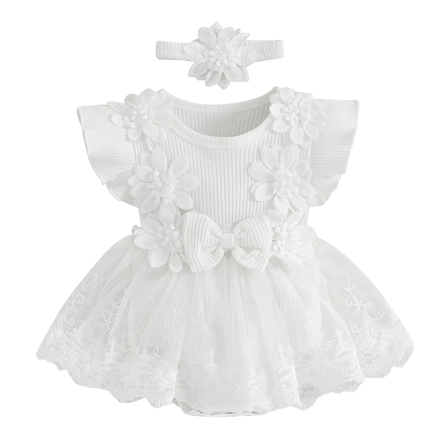 Baby Girl 2 Piece Outfits Mesh Lace Patchwork Ruffle Romper Dress and Headband Cute Fashion Summer Clothes