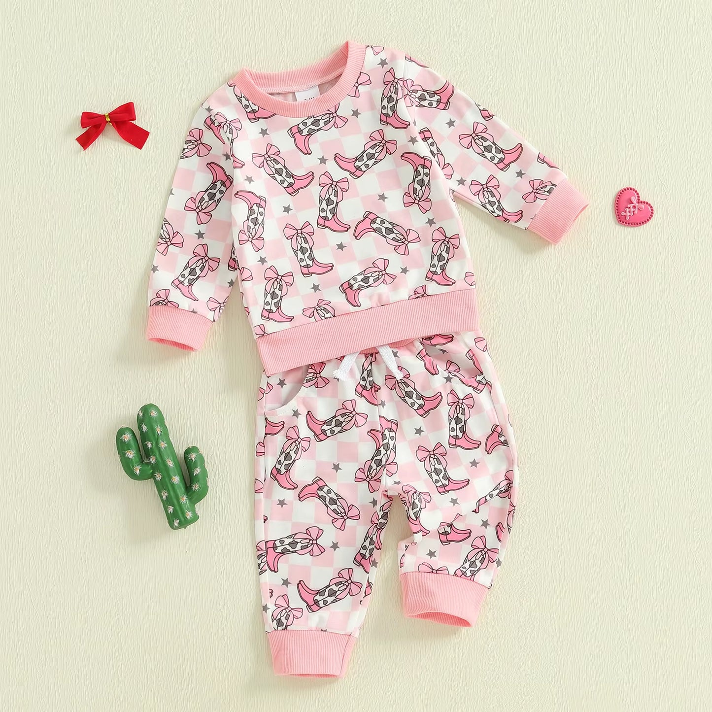 2025-05-23  Toddler Girls Western Outfits Boot Plaid Print Long Sleeve Sweatshirt and Elastic Pants Set Baby Clothes