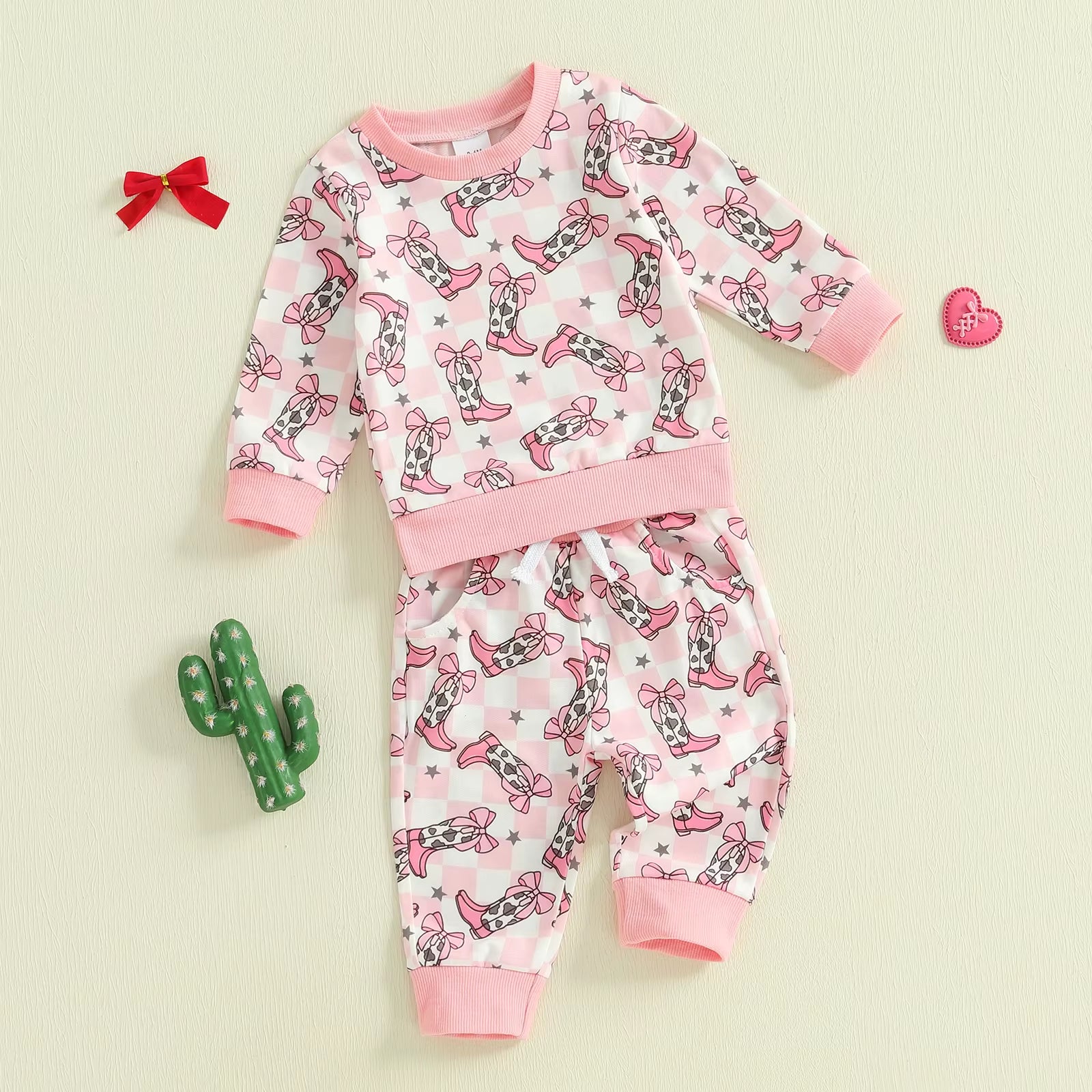 2025-05-23  Toddler Girls Western Outfits Boot Plaid Print Long Sleeve Sweatshirt and Elastic Pants Set Baby Clothes