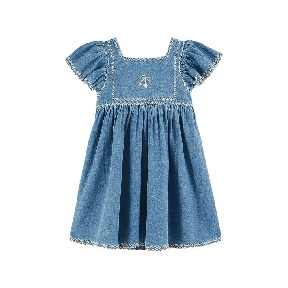 Printed Kids Pleated Blouse Top Shorts Set 2025 Summer EM Brand Embroidery Girl Princess Dress Denim Overalls Pant Children Set