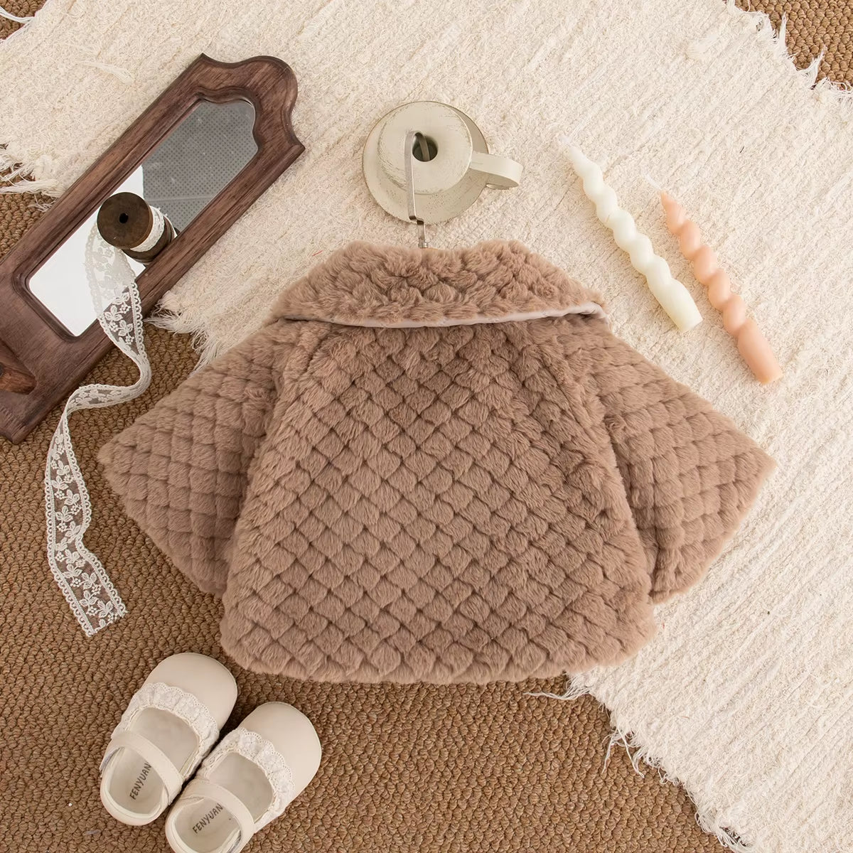 Baby Girl Coat Fall/Winter Solid-Color Shearling Girl'S Coat Cape Bow-Tie Adorable Baby Outerwear Baby Girl Clothes