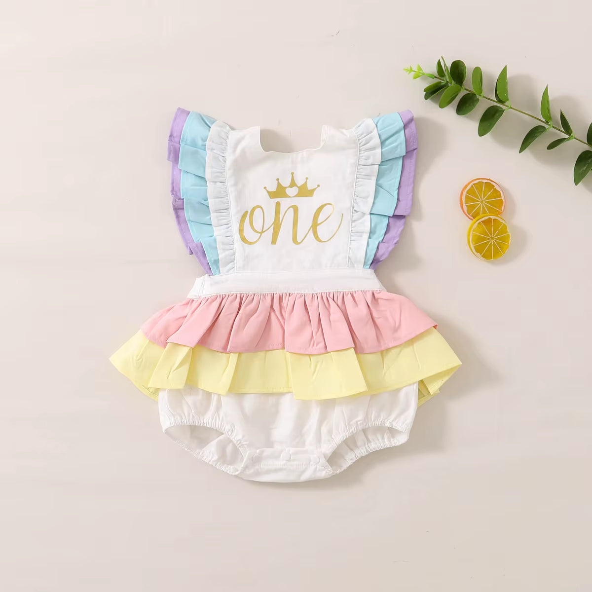 0-18M Newborn Baby Girls One Birthday Bodysuits Ruffles Short Sleeve Rainbow Print Jumpsuits