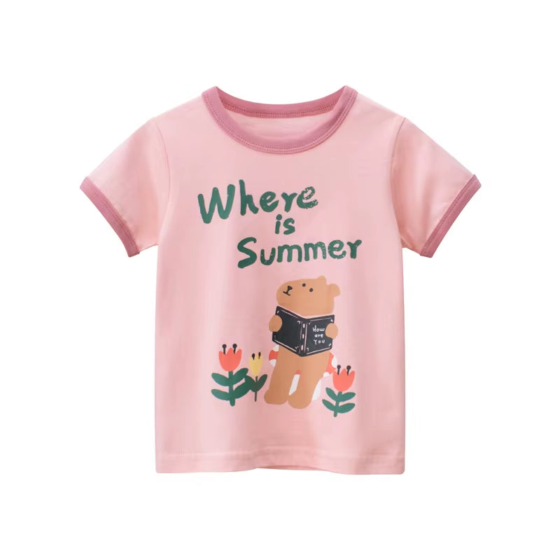 2025 Summer Children Short Sleeve T-Shirts for Girl Printed Bear Baby Girl Top 2-8 Years Baby Girl T Shirts Toddler Girl Clothes