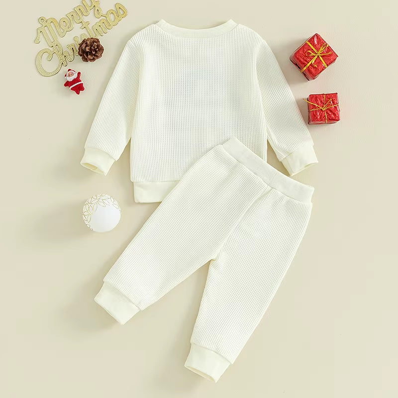 Baby Girl Boy Christmas Outfit Letter Monster Hand Pattern Long Sleeve Waffle Sweatshirts Long Pants 2Pcs Fall Clothes Set