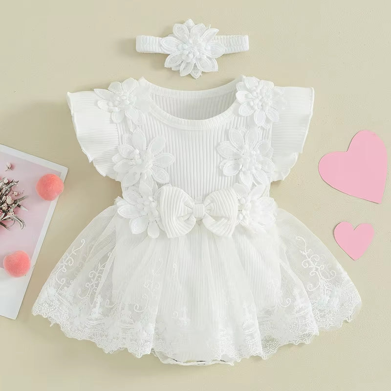 Newborn Baby Girls Rompers Dress Mesh Baby Girl Clothes Lace Patchwork Ruffle Jumpsuits 2Pc Outfits Sunsuit Baby Clothing
