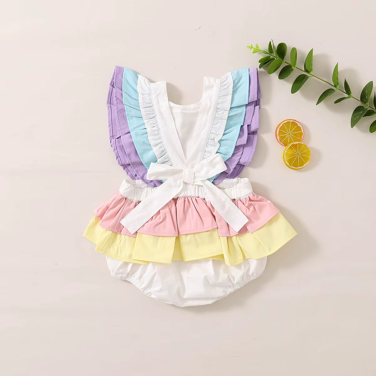 0-18M Newborn Baby Girls One Birthday Bodysuits Ruffles Short Sleeve Rainbow Print Jumpsuits