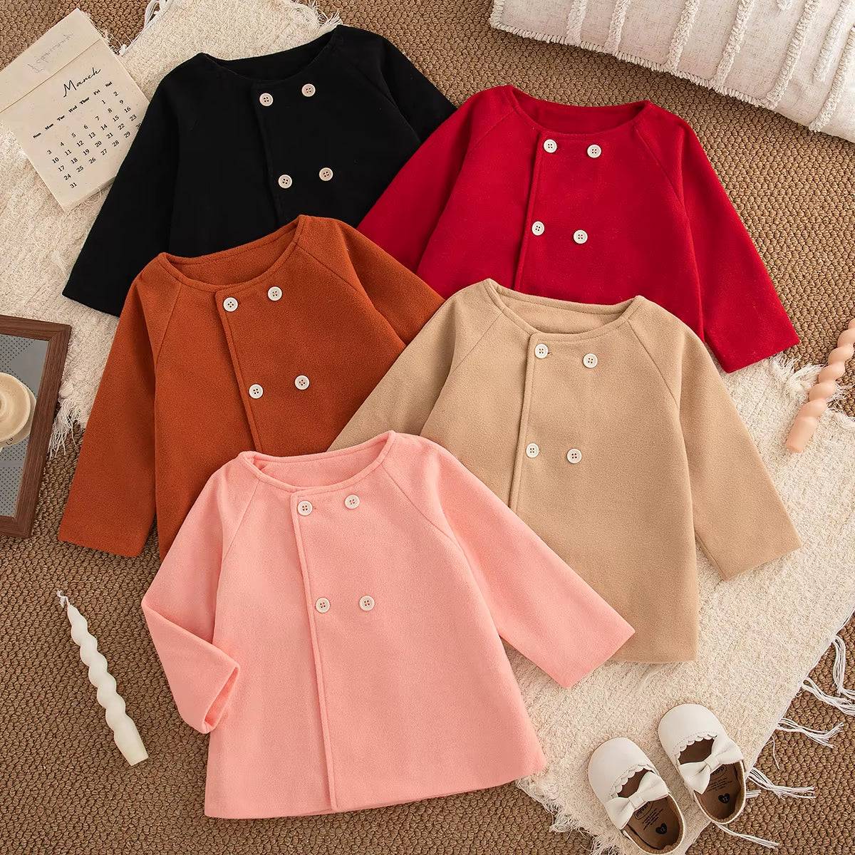 Baby Girl Coat Autumn and Winter Solid Color round Neck Woolen Girl Outerwear Simple Long Sleeved Baby Tops Baby Girl Clothes ﻿