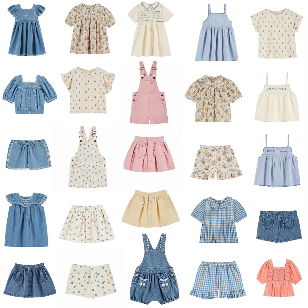 Printed Kids Pleated Blouse Top Shorts Set 2025 Summer EM Brand Embroidery Girl Princess Dress Denim Overalls Pant Children Set