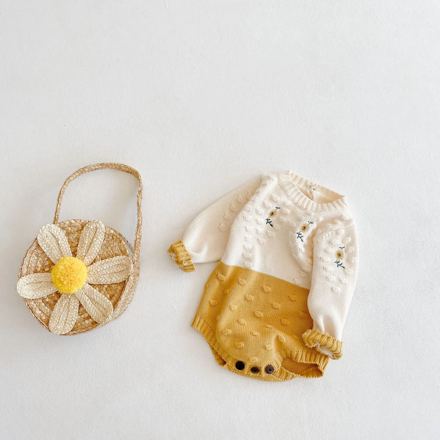 Spring Baby Girl Rompers Girl Long Sleeves Knit Sunflower Embroider Rompers Autumn Baby Girl Newborn Rompers Clothes