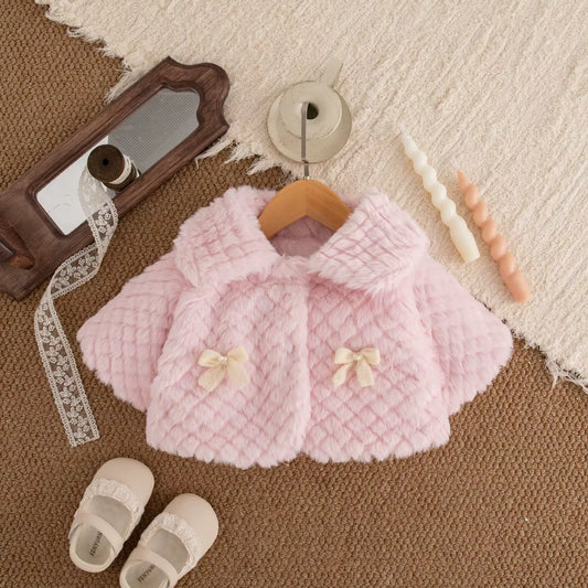 Baby Girl Coat Fall/Winter Solid-Color Shearling Girl'S Coat Cape Bow-Tie Adorable Baby Outerwear Baby Girl Clothes