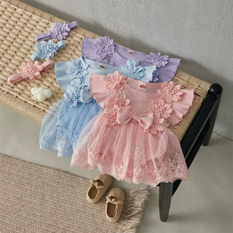 Baby Girl 2 Piece Outfits Mesh Lace Patchwork Ruffle Romper Dress and Headband Cute Fashion Summer Clothes