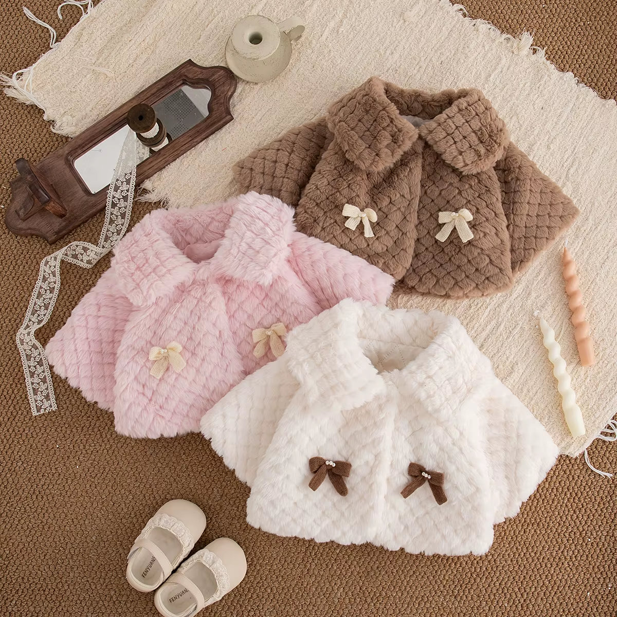 Baby Girl Coat Fall/Winter Solid-Color Shearling Girl'S Coat Cape Bow-Tie Adorable Baby Outerwear Baby Girl Clothes