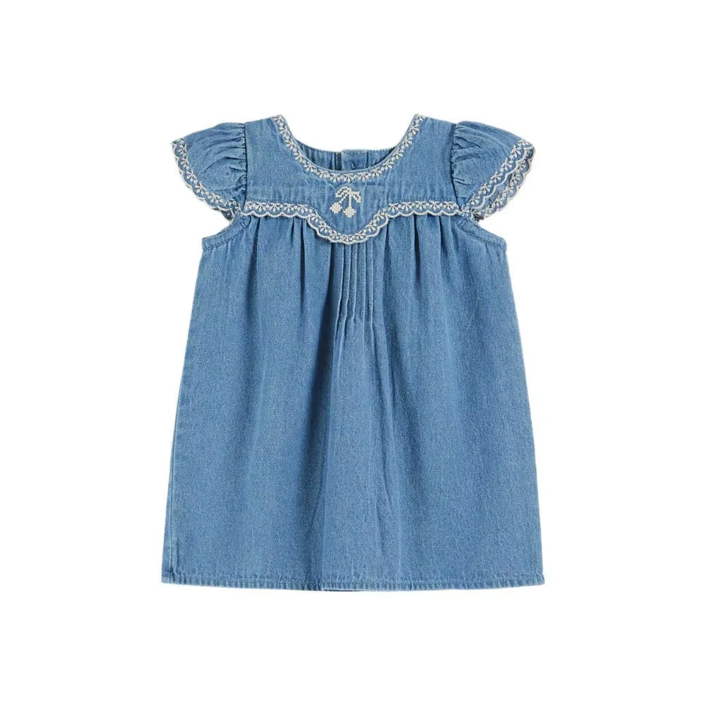 Printed Kids Pleated Blouse Top Shorts Set 2025 Summer EM Brand Embroidery Girl Princess Dress Denim Overalls Pant Children Set