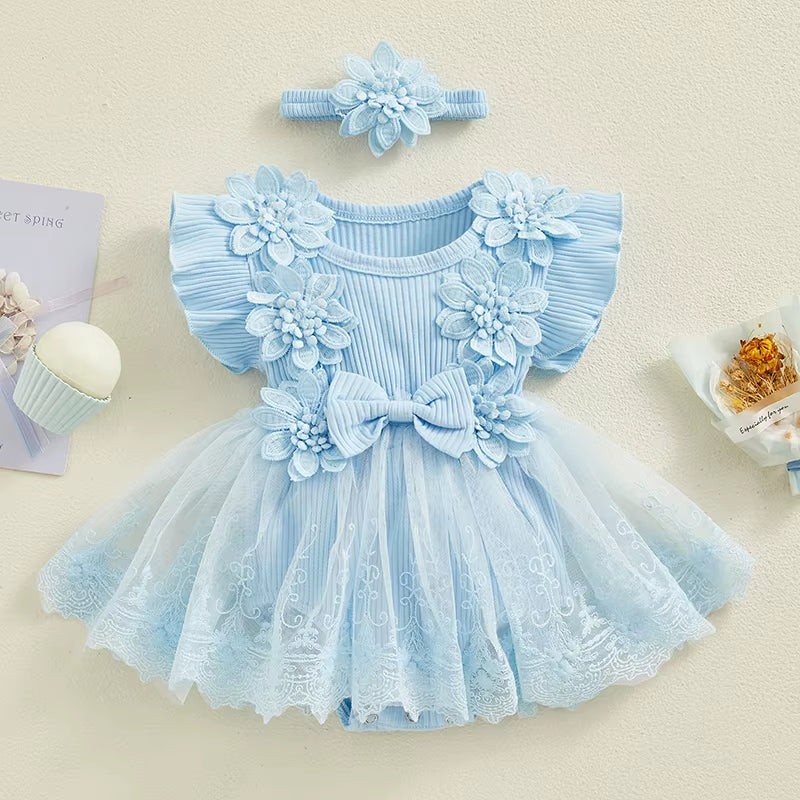 Newborn Baby Girls Rompers Dress Mesh Baby Girl Clothes Lace Patchwork Ruffle Jumpsuits 2Pc Outfits Sunsuit Baby Clothing
