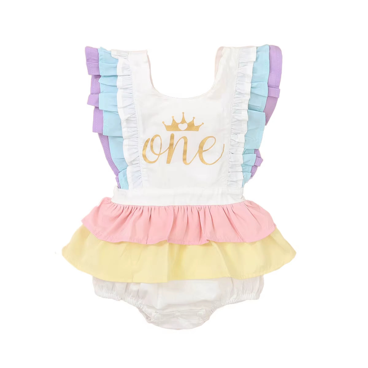0-18M Newborn Baby Girls One Birthday Bodysuits Ruffles Short Sleeve Rainbow Print Jumpsuits