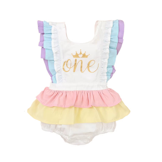 0-18M Newborn Baby Girls One Birthday Bodysuits Ruffles Short Sleeve Rainbow Print Jumpsuits