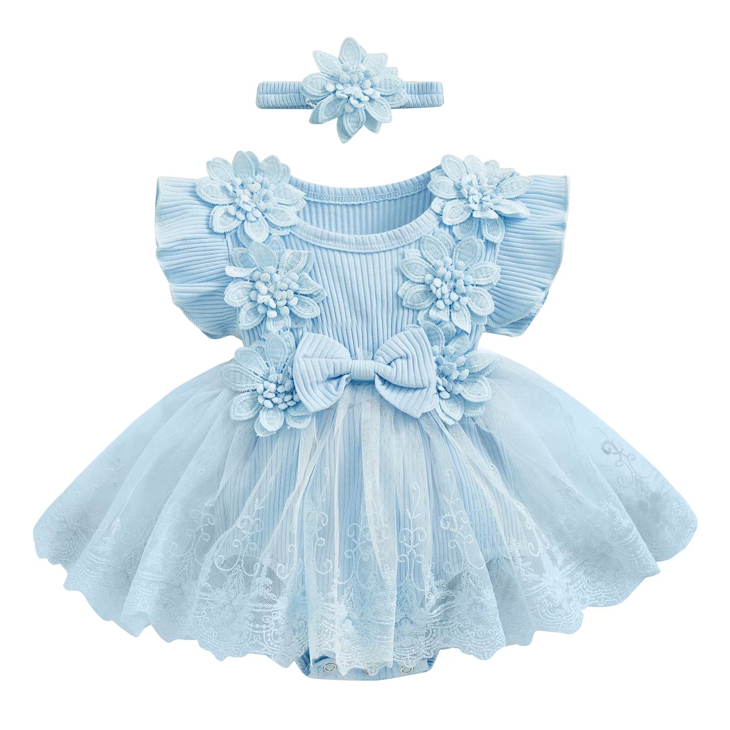 Baby Girl 2 Piece Outfits Mesh Lace Patchwork Ruffle Romper Dress and Headband Cute Fashion Summer Clothes