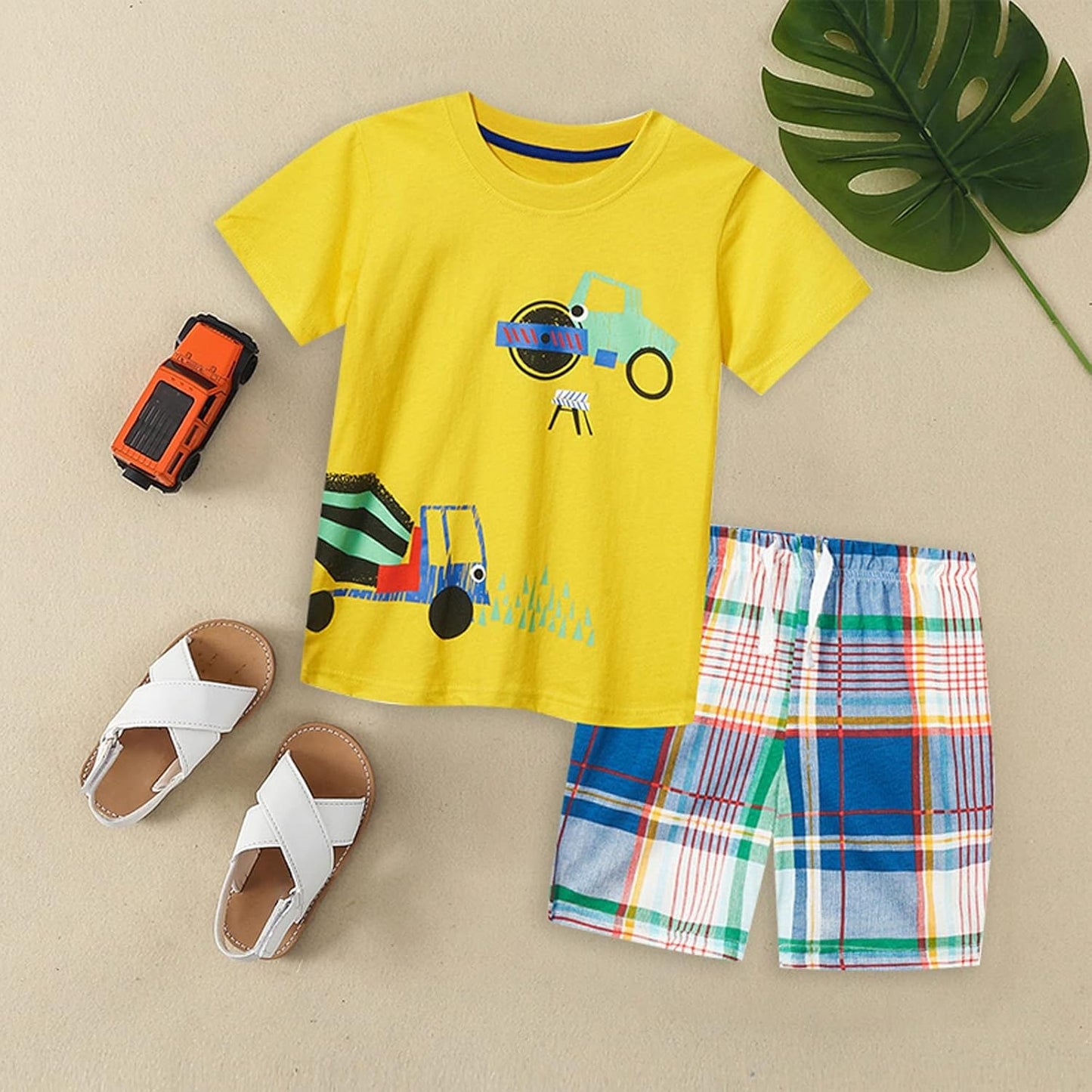 Cute Children Clothes Set 1 to 7 Years Summer Boy'S Short Sleeve Shorts Car Pattern Two Piece (Yellow, 4-5 Years)