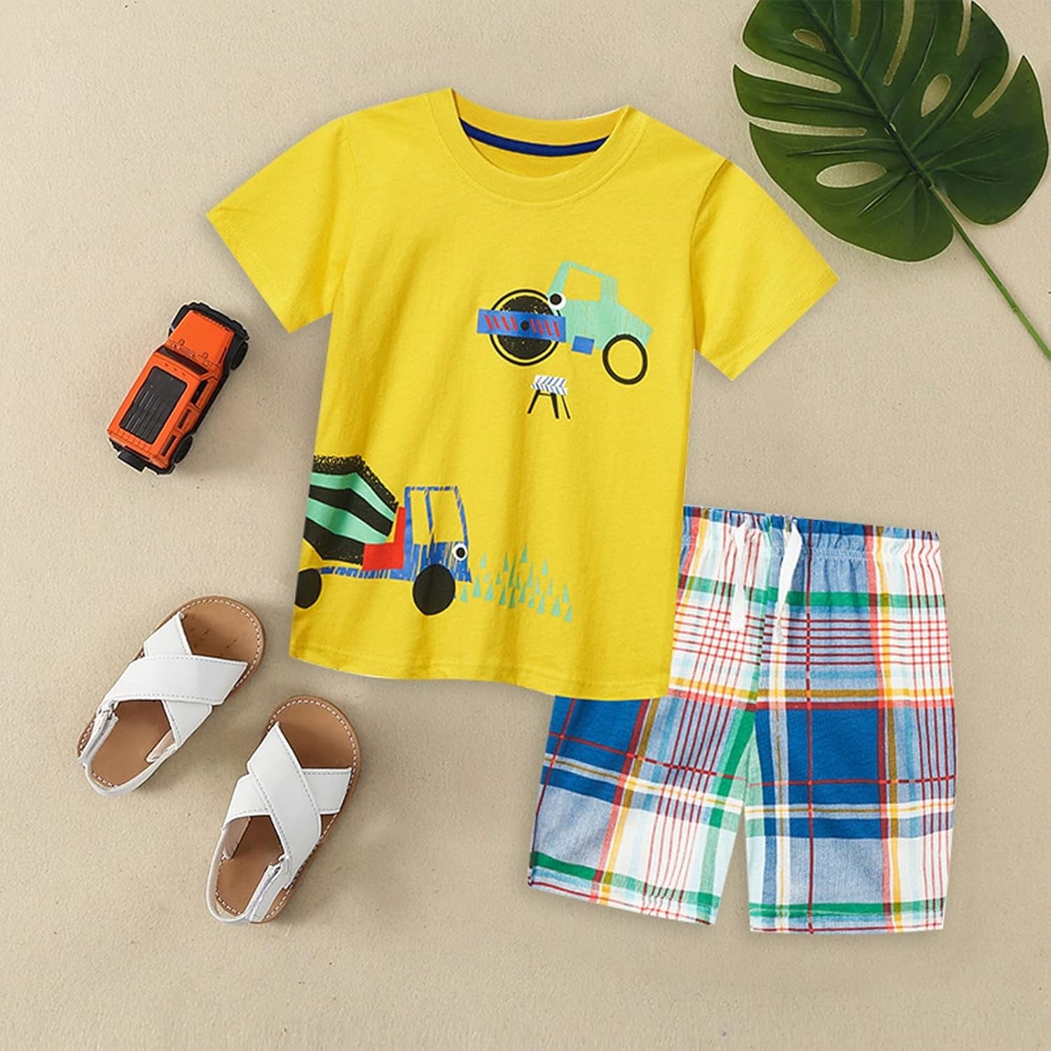 Cute Children Clothes Set 1 to 7 Years Summer Boy'S Short Sleeve Shorts Car Pattern Two Piece (Yellow, 4-5 Years)