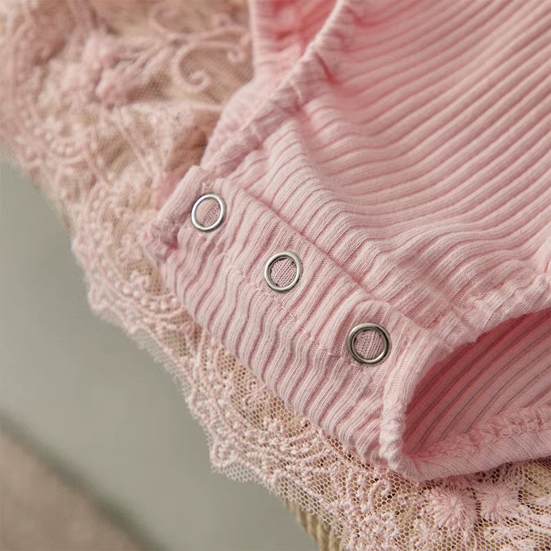 Baby Girl 2 Piece Outfits Mesh Lace Patchwork Ruffle Romper Dress and Headband Cute Fashion Summer Clothes