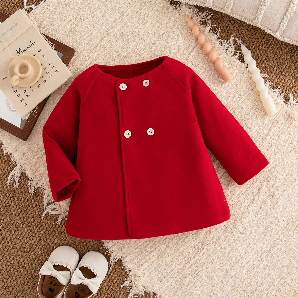 Baby Girl Coat Autumn and Winter Solid Color round Neck Woolen Girl Outerwear Simple Long Sleeved Baby Tops Baby Girl Clothes ﻿